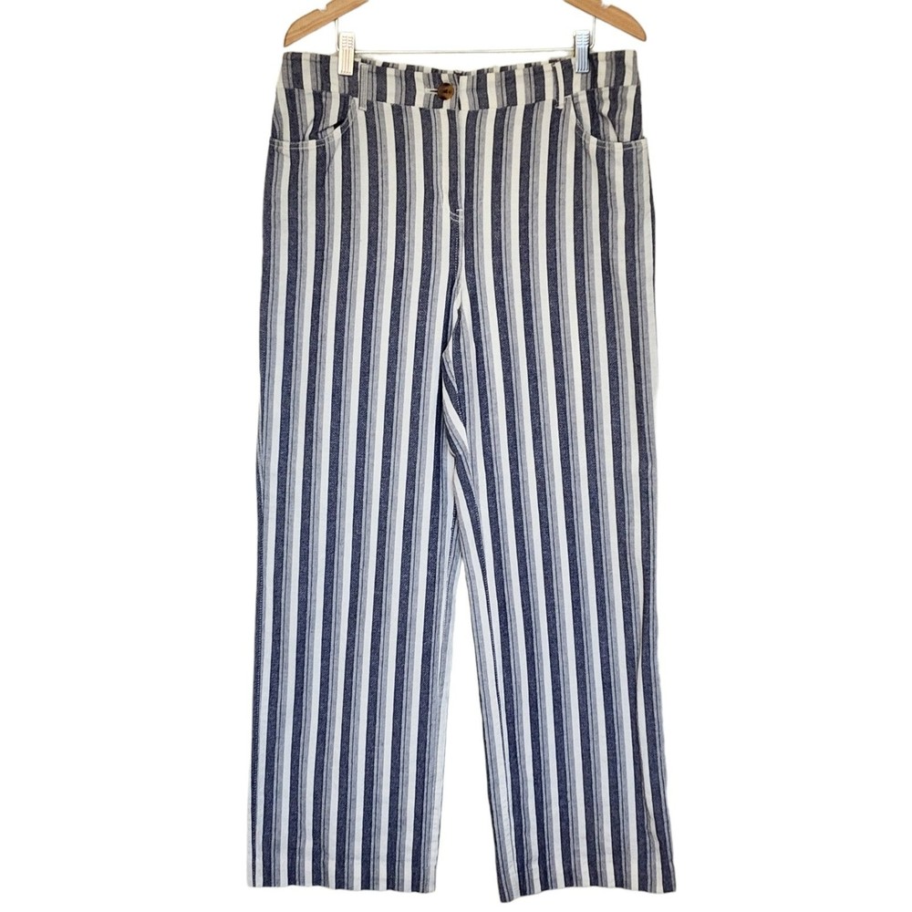 Chico's Trouser Pants Straight Leg Stripe Size 1.5 Blue White Cotton 34in Medium